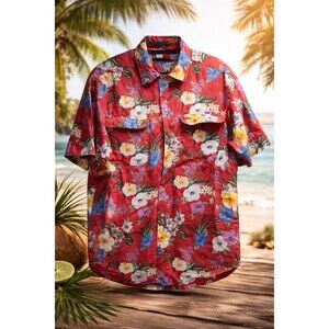 90s Tommy Hilfiger Aloha Camp Shirt L Red Floral Vintage Linen Cotton Vibe